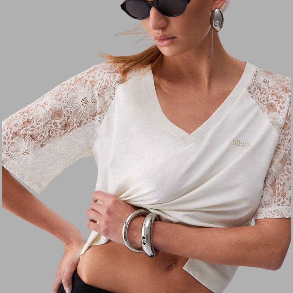 Liu Jo T-shirt Cotone Scollo V & Maniche Pizzo Eleganti - 8