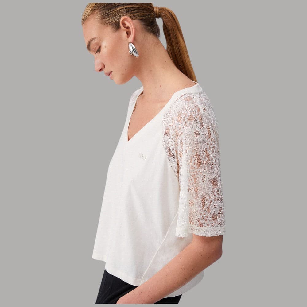 Liu Jo T-shirt Cotone Scollo V & Maniche Pizzo Eleganti - 9