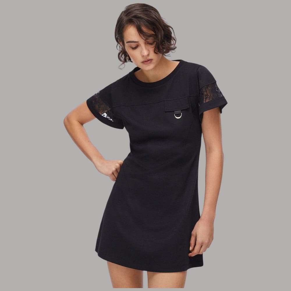 Liu Jo Vestito Corto Jersey Girocollo con Pizzo e Taschino - 8