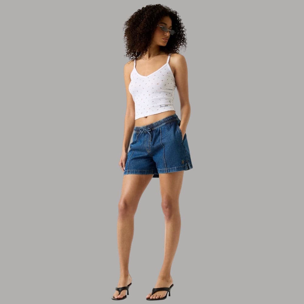 Shorts Guess GJ Denim Blu Vita Media Ricamo Logo Relassata - 5