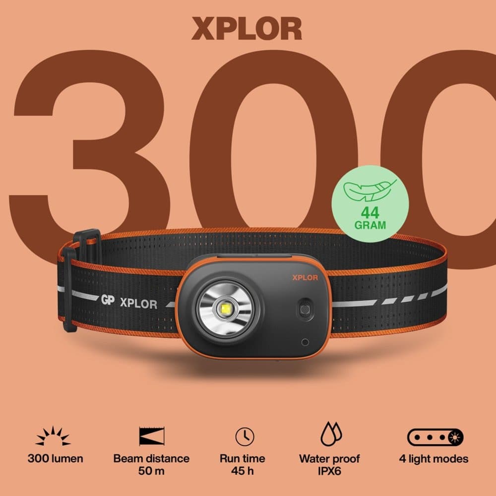 GP Battery Torcia LED Frontale PHR16 300LM Ricaricabile USB-C durata 45 ore peso 44 gr.