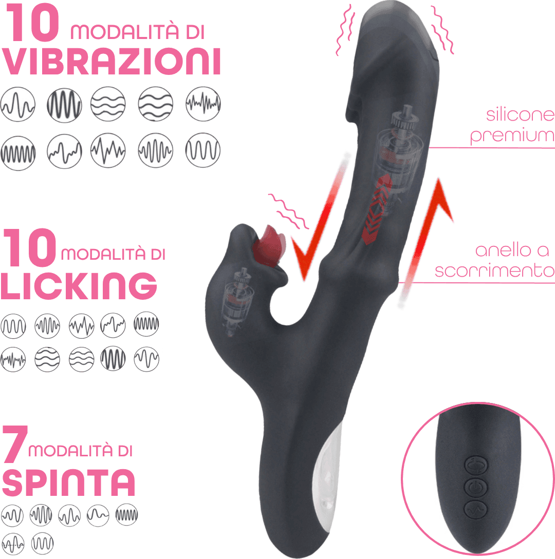 Vibratore Rabbit con Lingua e Spinta a Movimento Automatico Dildo Ricaricabile - 3