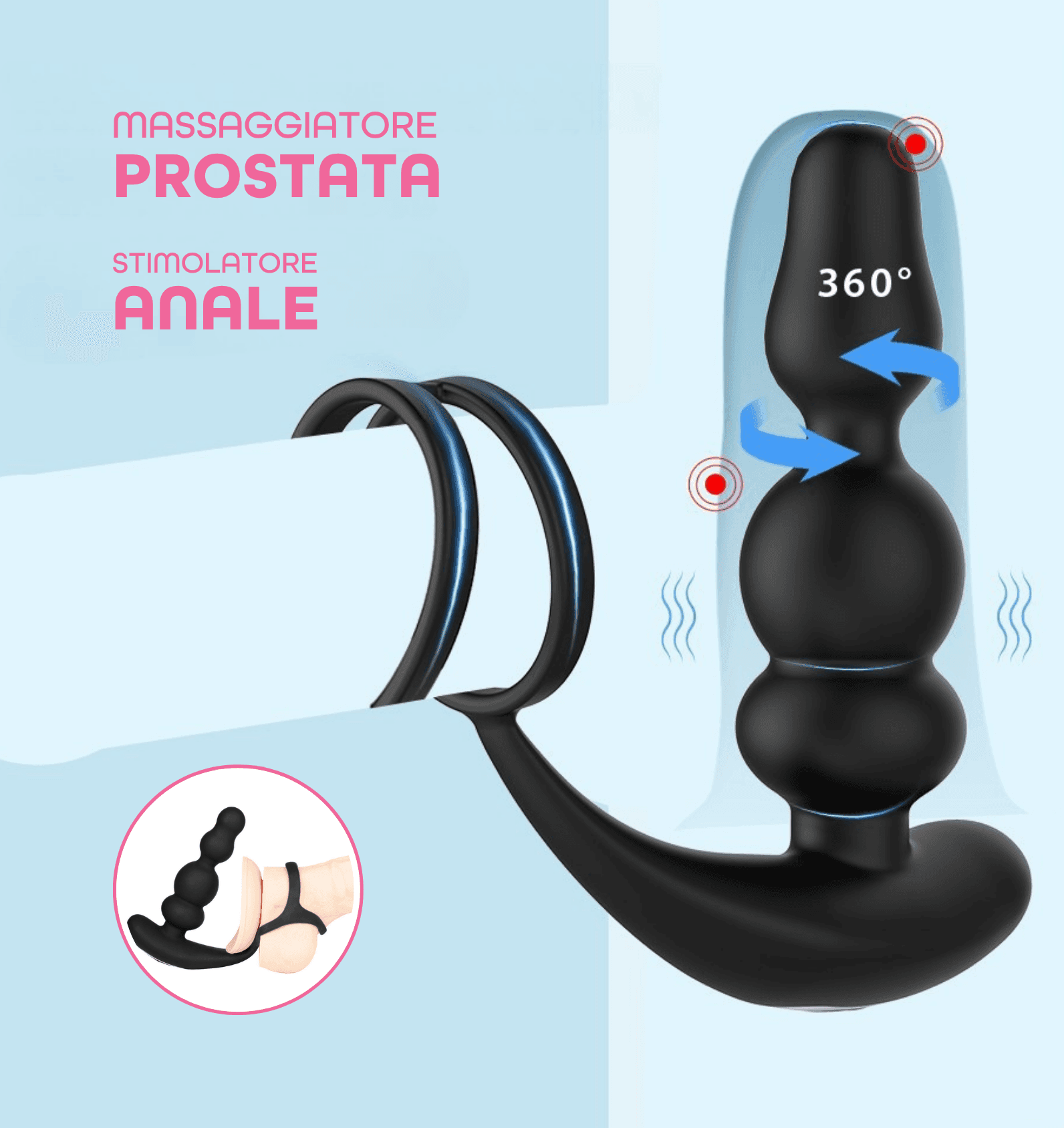 Stimolatore Prostata con Telecomando Rotante Vibratore Anale Anello Pene Plug - 4