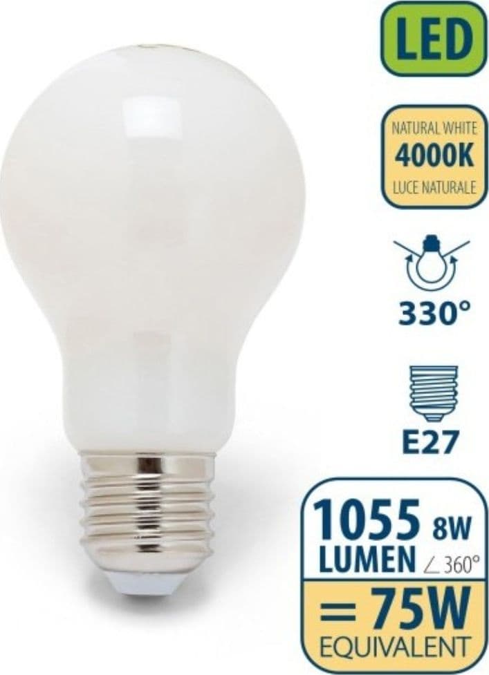 Lampadina LED a filamento Opal, Goccia A60, 8W/1055lm, base E27, 4000K - 1