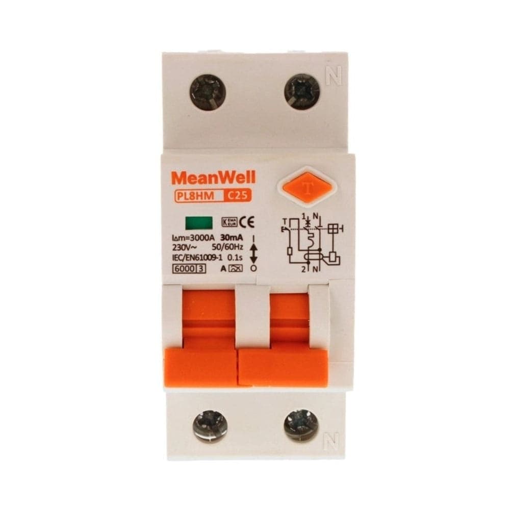 Magnetotermico Differenziale per Quadri Elettrici con Guida DIN, Tipo A, Curva C, 1 Polo+Neutro 2 Moduli 6kA 30mA C25A 230V IP20 Certificato IEC61009 - 1