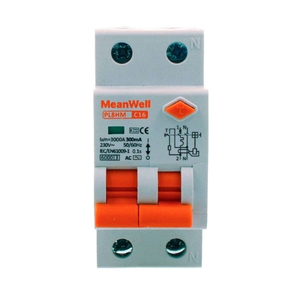 Magnetotermico Differenziale per Quadri Elettrici con Guida DIN, Tipo AC, Curva C, 1 Polo+Neutro 2 Moduli 6kA 300mA C16A 230V IP20 Certificato IEC61009 - 1
