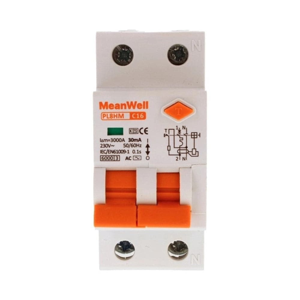 Magnetotermico Differenziale per Quadri Elettrici con Guida DIN, Tipo AC, Curva C, 1 Polo+Neutro 2 Moduli 6kA 30mA C16A 230V IP20 Certificato IEC61009 - 1