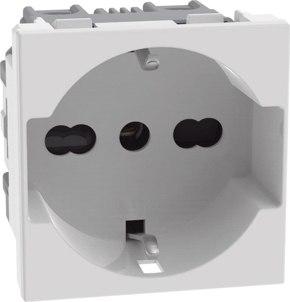 Presa standard Italia P40 2 P+T 16 A 250 Va.c. - interasse 19 mm e 26 mm in configurazione bipasso - alveoli protetti; contatti laterali di terra per spine standard tedesco; adatta per spine standard Italia 2 P e 2 P+T 10/16 A, spine standard tedesco 2 P - 1
