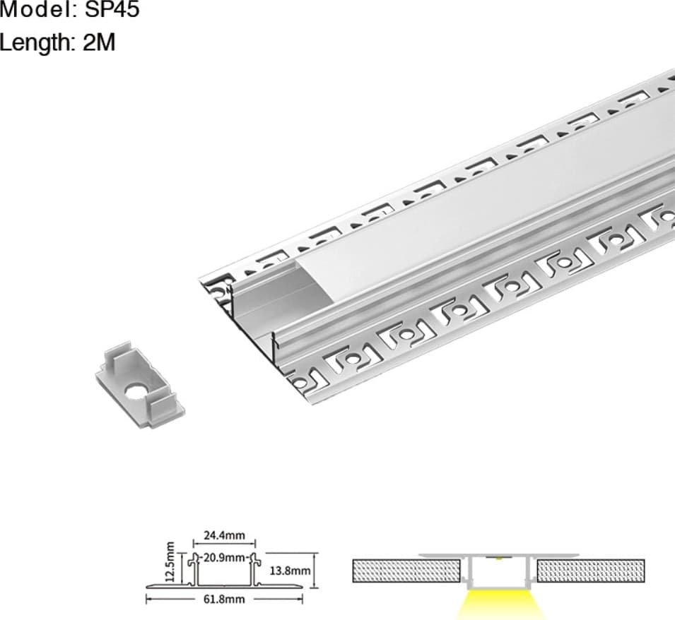 Profilo alluminio per Strip LED da incasso cartongesso 2000x61,8x13,8mm - 1