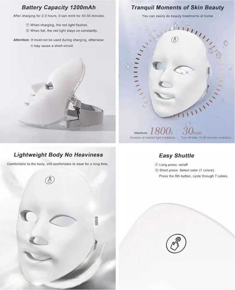 MASCHERA PER FOTOTERAPIA A LED CON TRATTAMENTO LUCE A 7 COLORI PER CURA PELLE VISO - 8