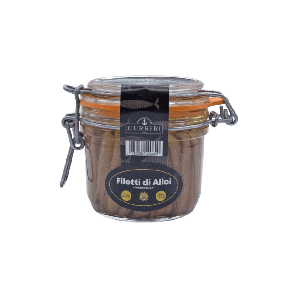 Filetti di Alici di Sciacca | Sott'olio | Lavorati a mano | Curreri, Sicilia | 230g - 3