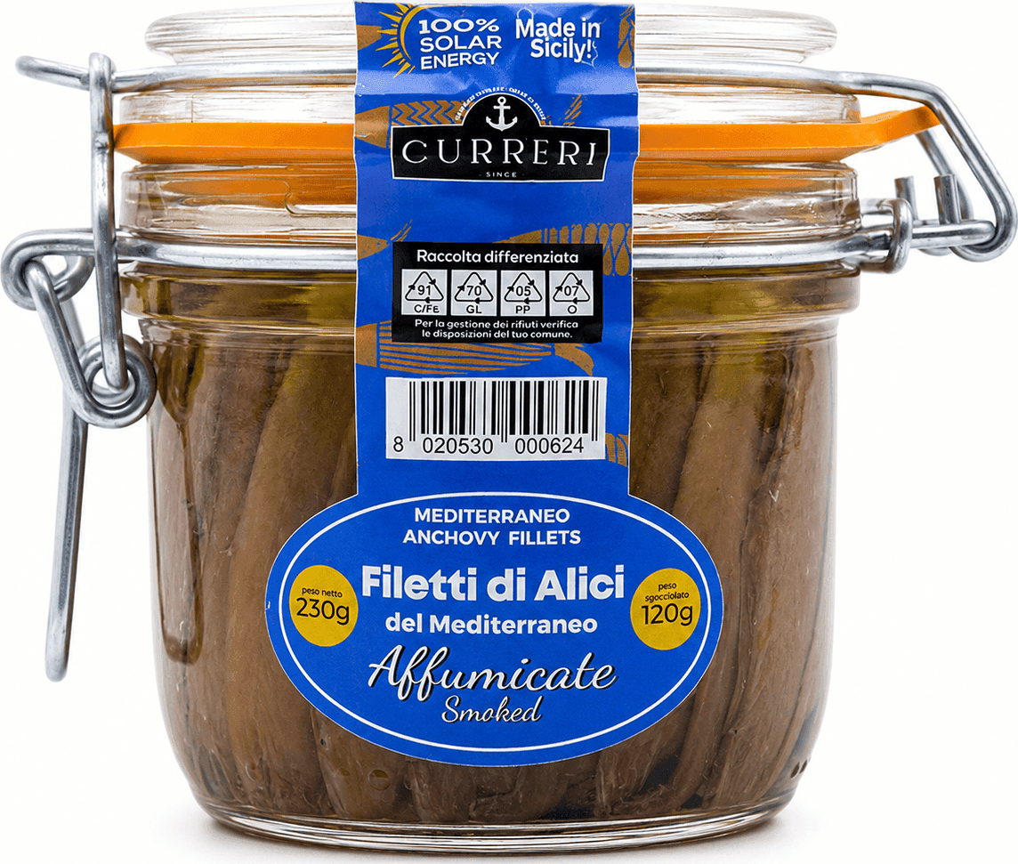 Filetti di Alici Affumicate di Sciacca | Sott'olio | Lavorati a mano | Curreri, Sicilia | 230g
