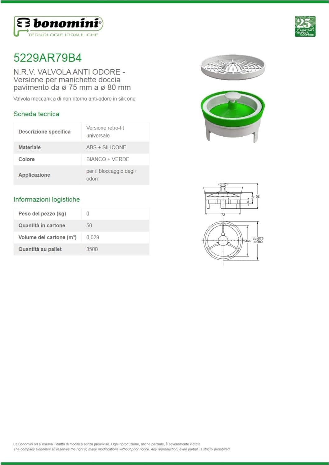Valvola di Non Ritorno Nrv per Pilette Piatto Doccia 21 x 2 Bonomini Ø 80 - 3