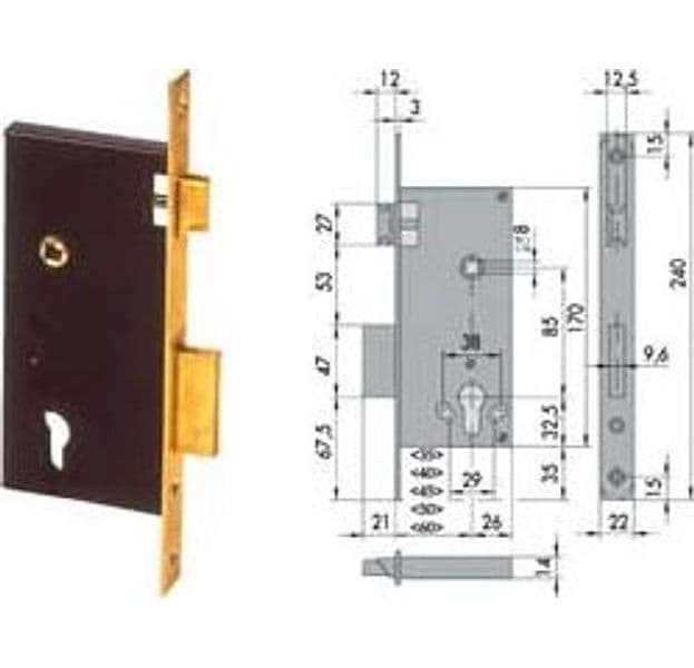 Serratura da Infilare a Cilindro 2 Mand. Bordo Quadro 5C110 45 mm - 2