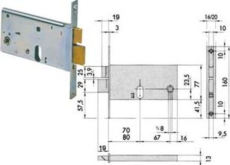 Serratura da Infilare per Fasce Catenaccio e Scrocco 77 mm H Cod 201599 - 2