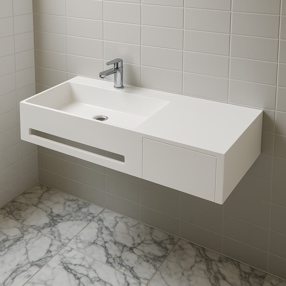 Lavabo in artificial stone bianco opaco matt modello Alex sospeso con porta salviette - 6