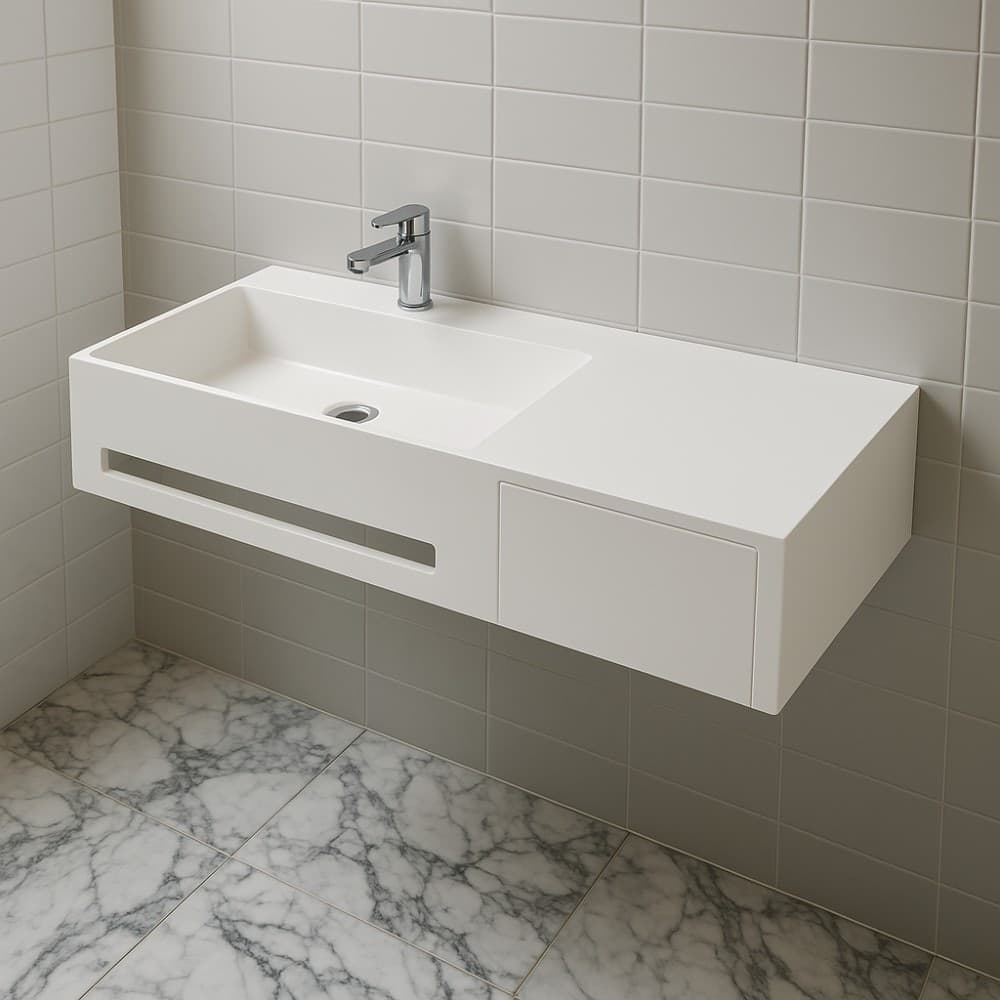 Lavabo in artificial stone bianco opaco matt modello Alex sospeso con porta salviette