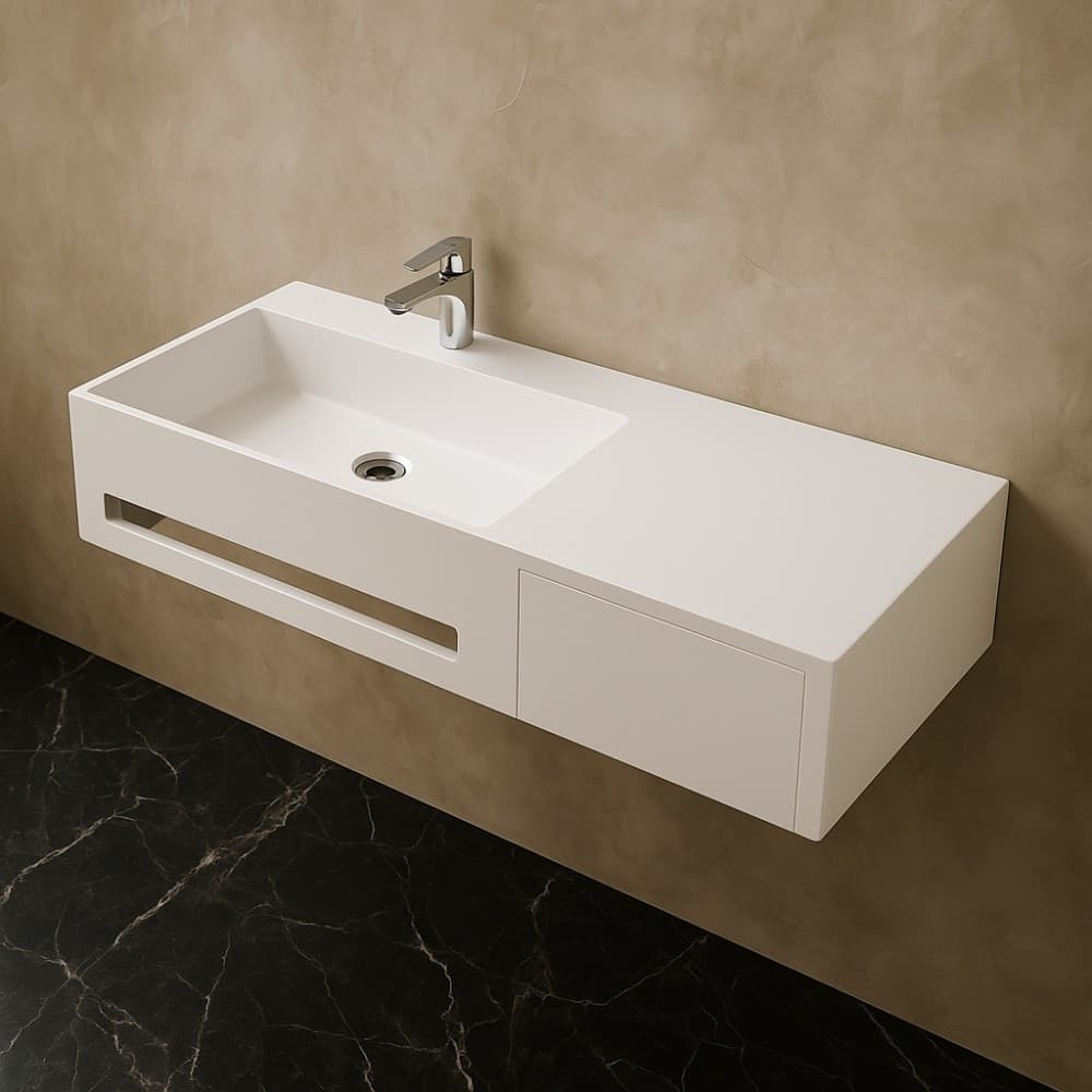 Lavabo in artificial stone bianco opaco matt modello Alex sospeso con porta salviette - 2