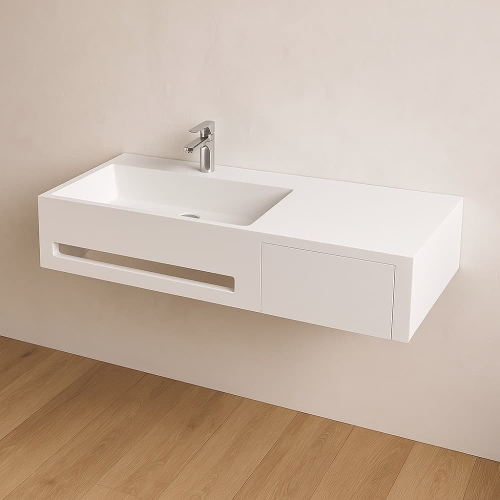 Lavabo in artificial stone bianco opaco matt modello Alex sospeso con porta salviette - 3