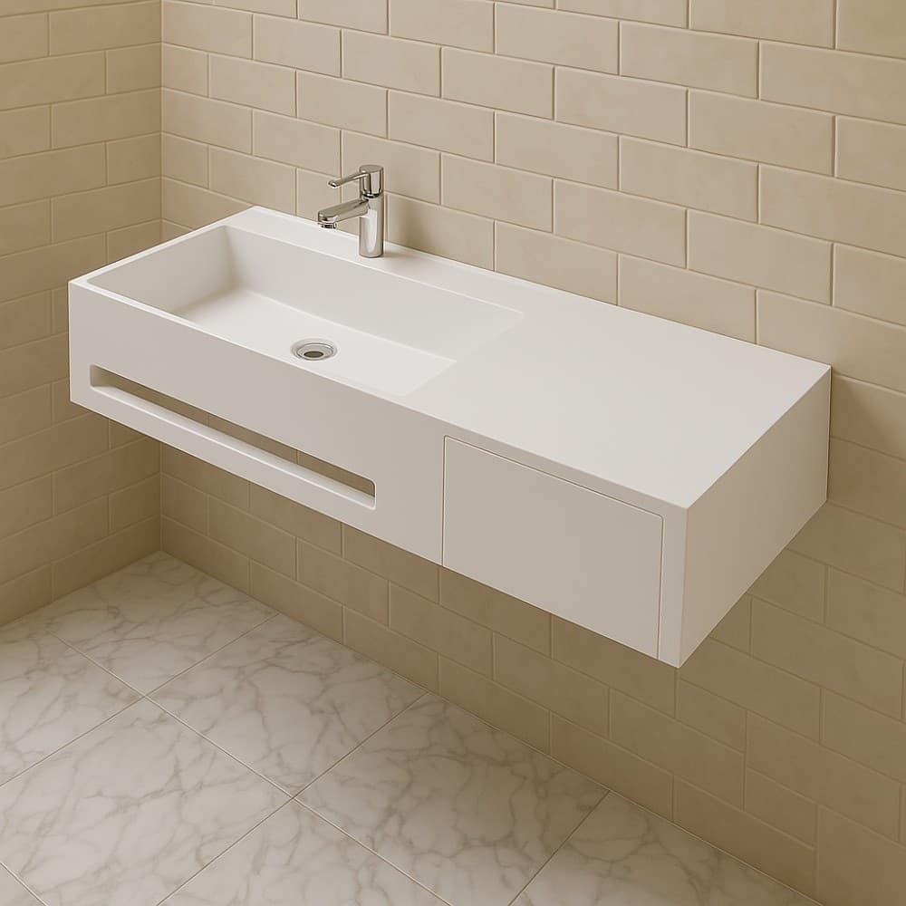 Lavabo in artificial stone bianco opaco matt modello Alex sospeso con porta salviette - 4