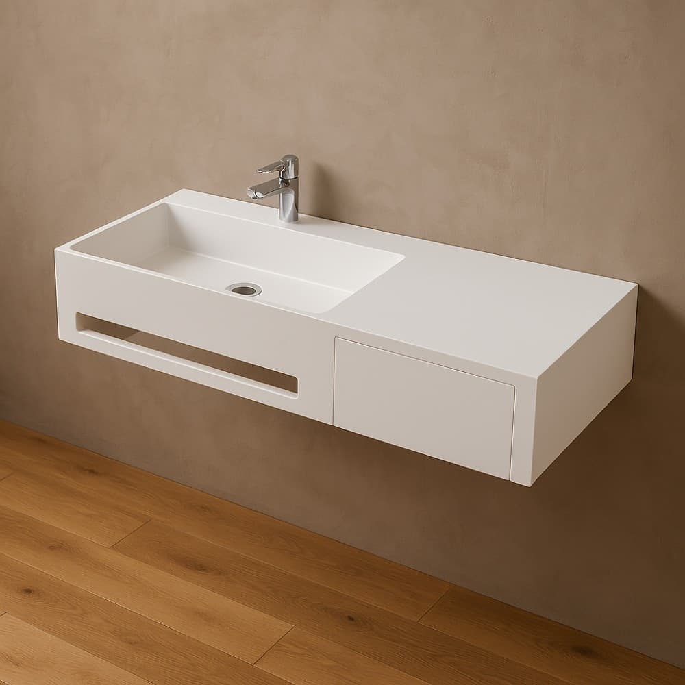 Lavabo in artificial stone bianco opaco matt modello Alex sospeso con porta salviette - 5