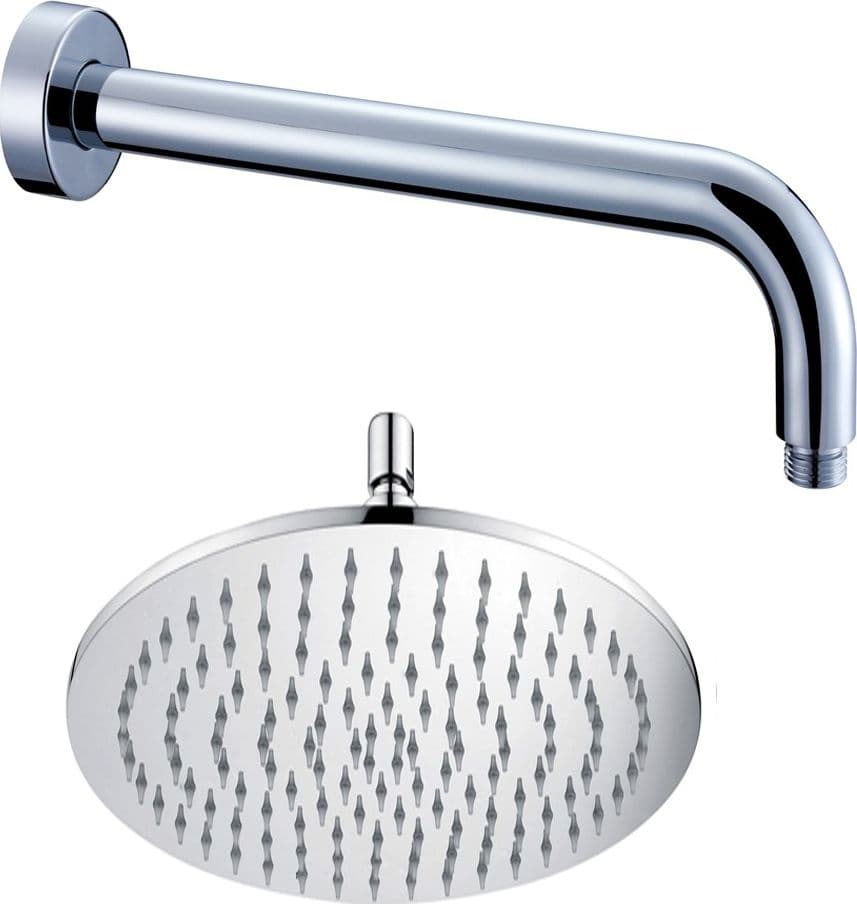 Braccio Doccia Ottone Cromato + Soffione Doccia Tondo Acciaio Inox Diam 250x4 Mm Spessore