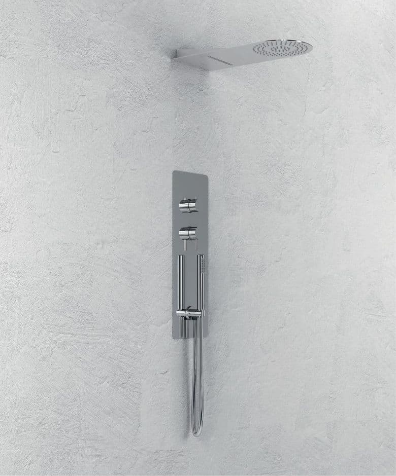 Wall Kit A Parete Da Incasso A Muro Acciaio Inox + Soffione Doccia a Parete Acciaio Inox Punta Tonda Con Cascata