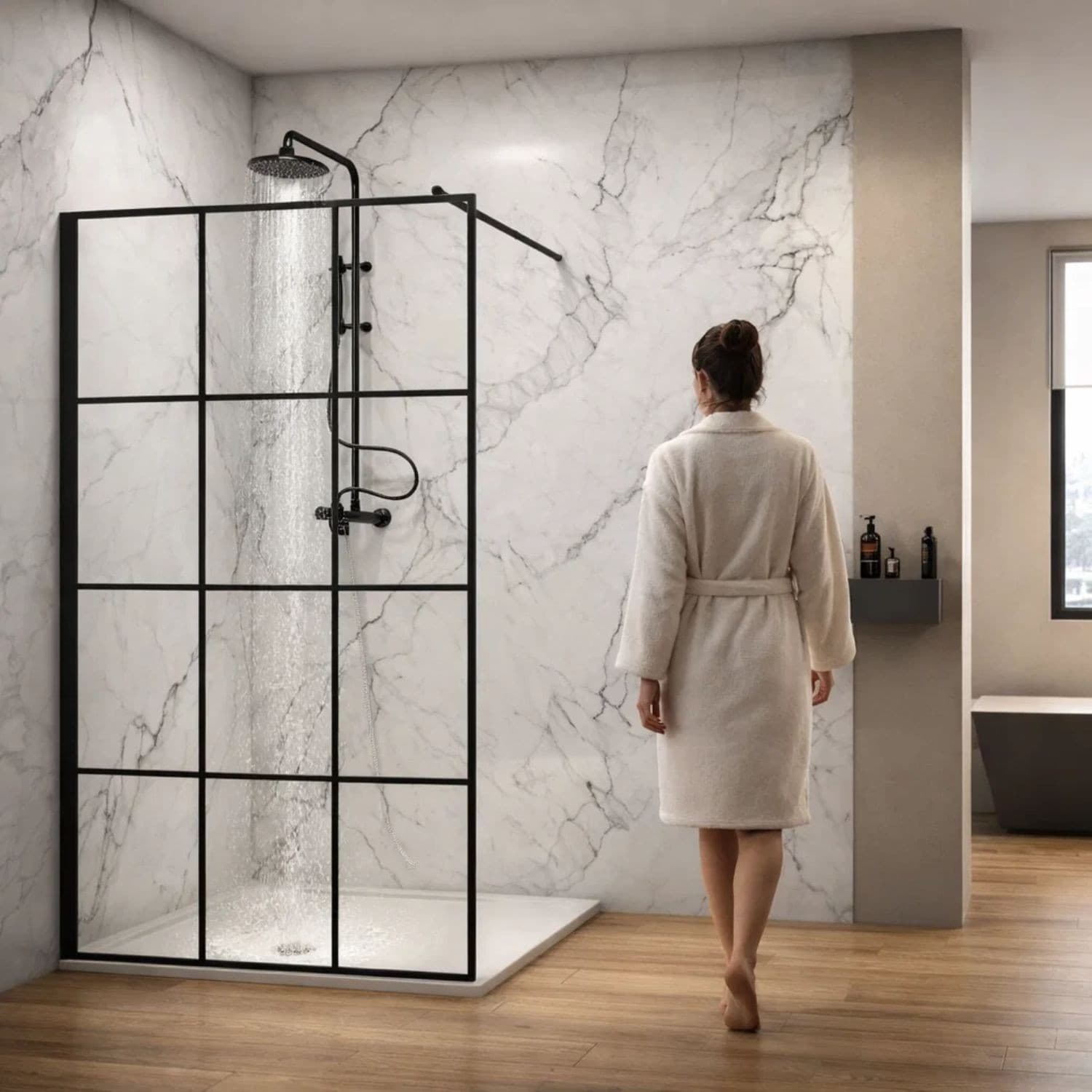 Parete Doccia Walk-In In Cristallo Temprato Con Profilo Black mm 8 - 11