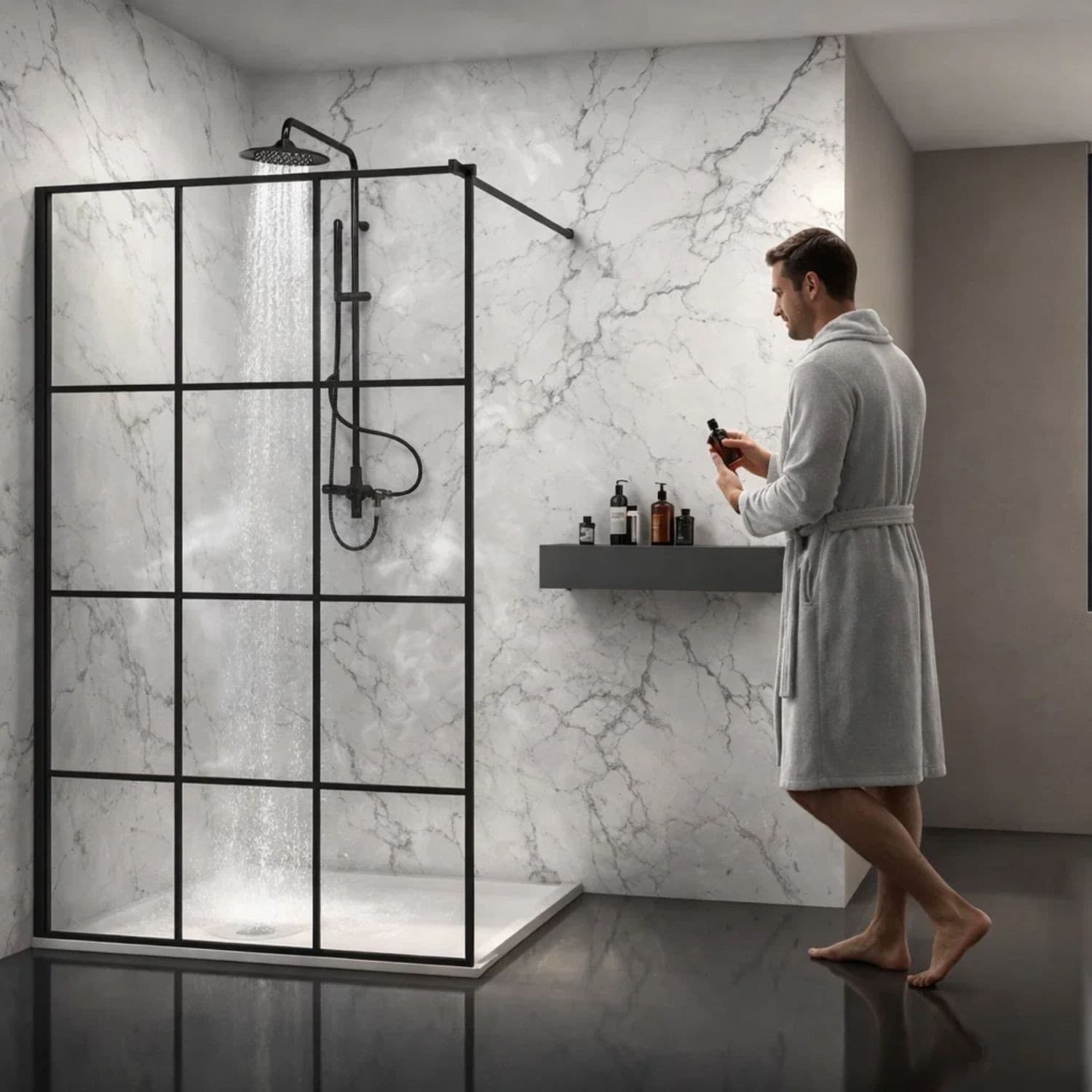 Parete Doccia Walk-In In Cristallo Temprato Con Profilo Black mm 8 - 3