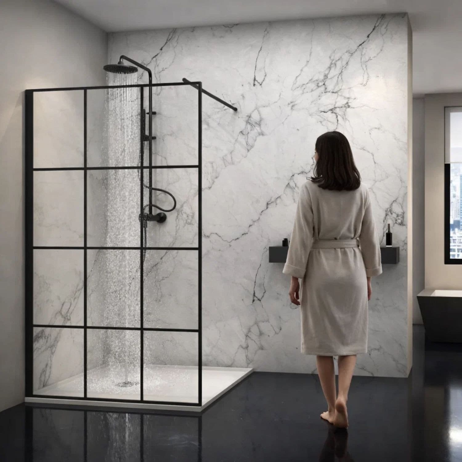 Parete Doccia Walk-In In Cristallo Temprato Con Profilo Black mm 8 - 5