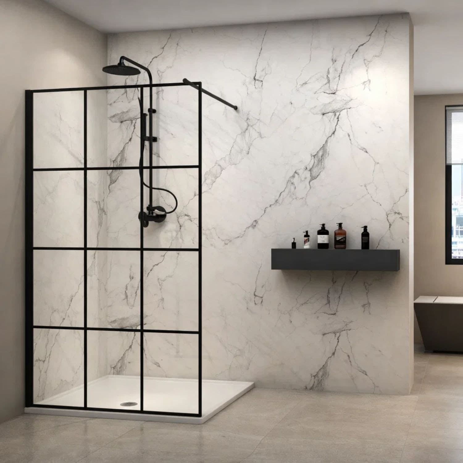 Parete Doccia Walk-In In Cristallo Temprato Con Profilo Black mm 8 - 6