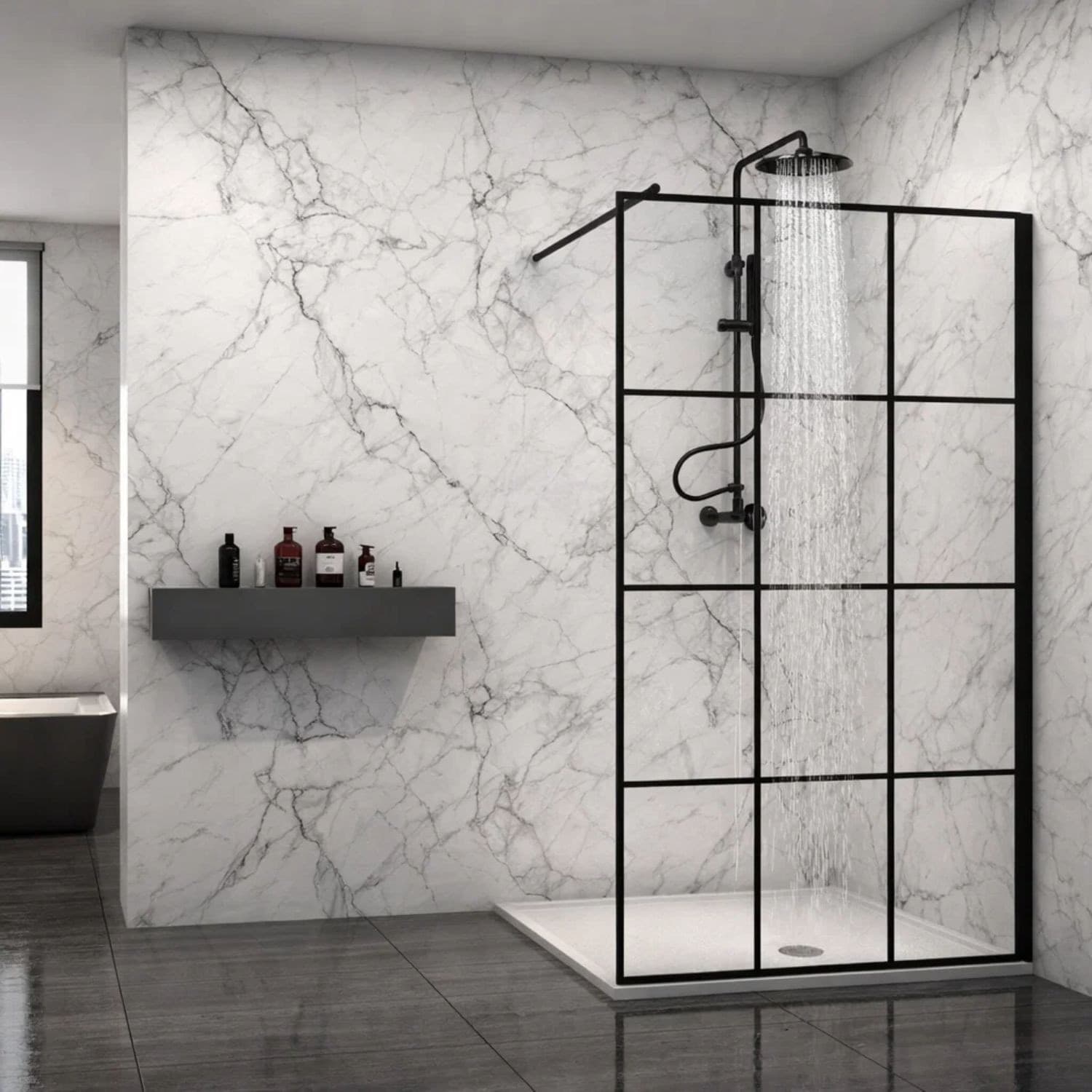 Parete Doccia Walk-In In Cristallo Temprato Con Profilo Black mm 8 - 7