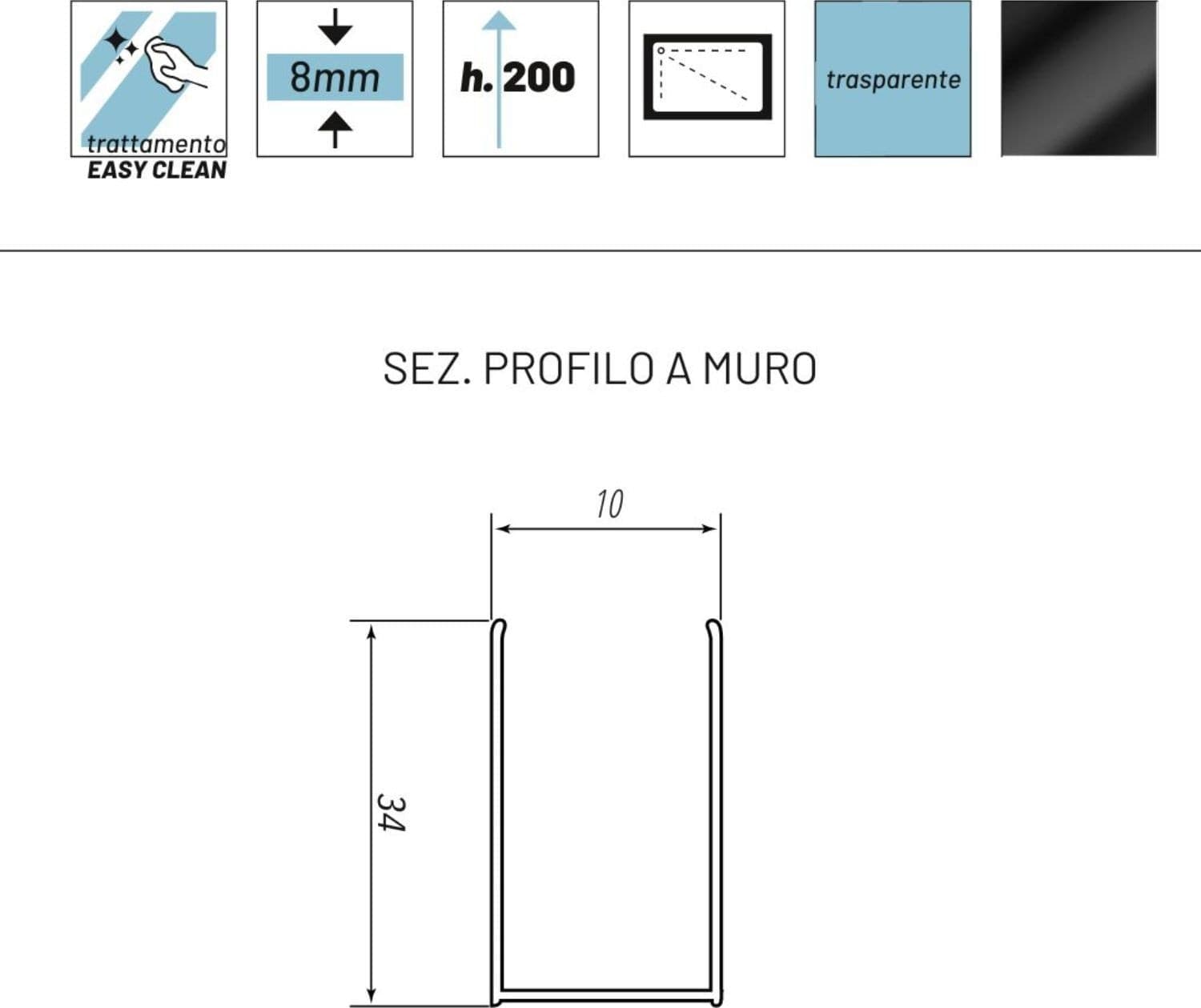 Parete Doccia Walk-In In Cristallo Temprato Con Profilo Black mm 8 - 10