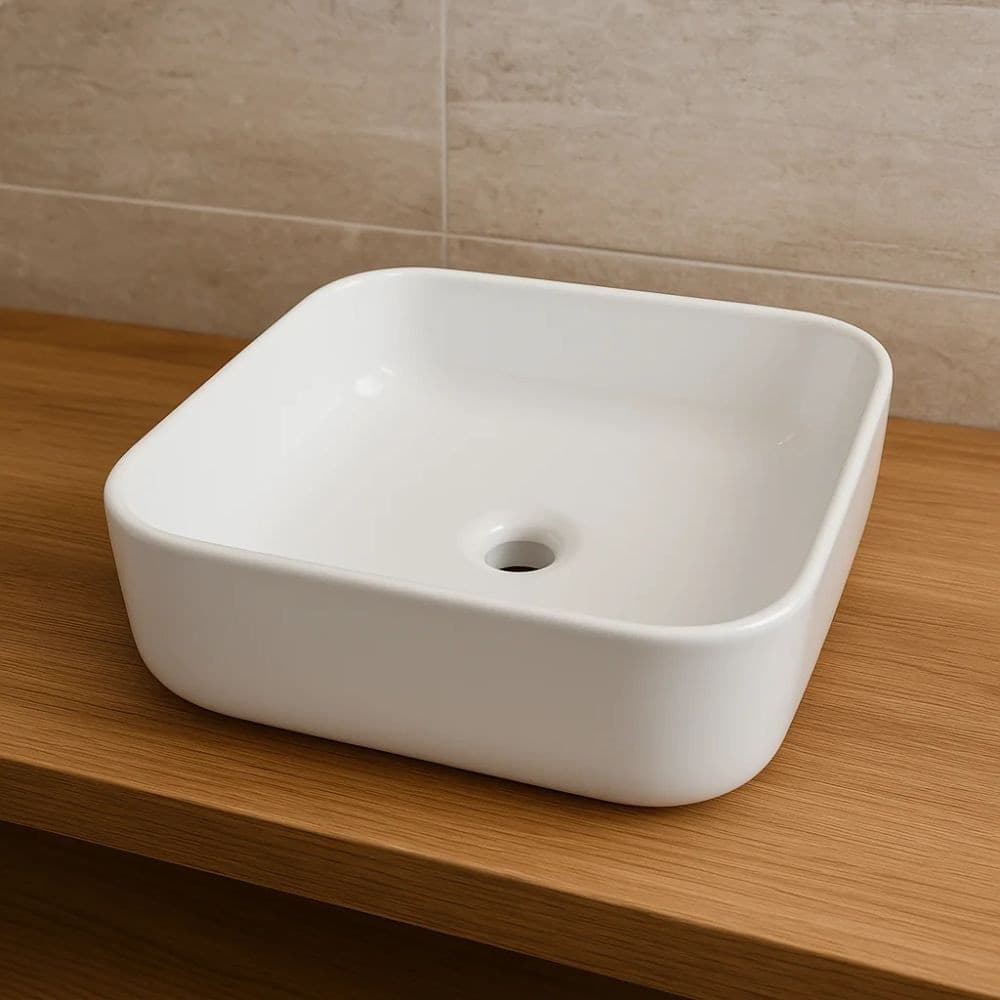 Lavabo D'appoggio Ceramica Bianco Quadrato Lavandino Bagno dimensioni cm 38,5x38,5x14 - 2
