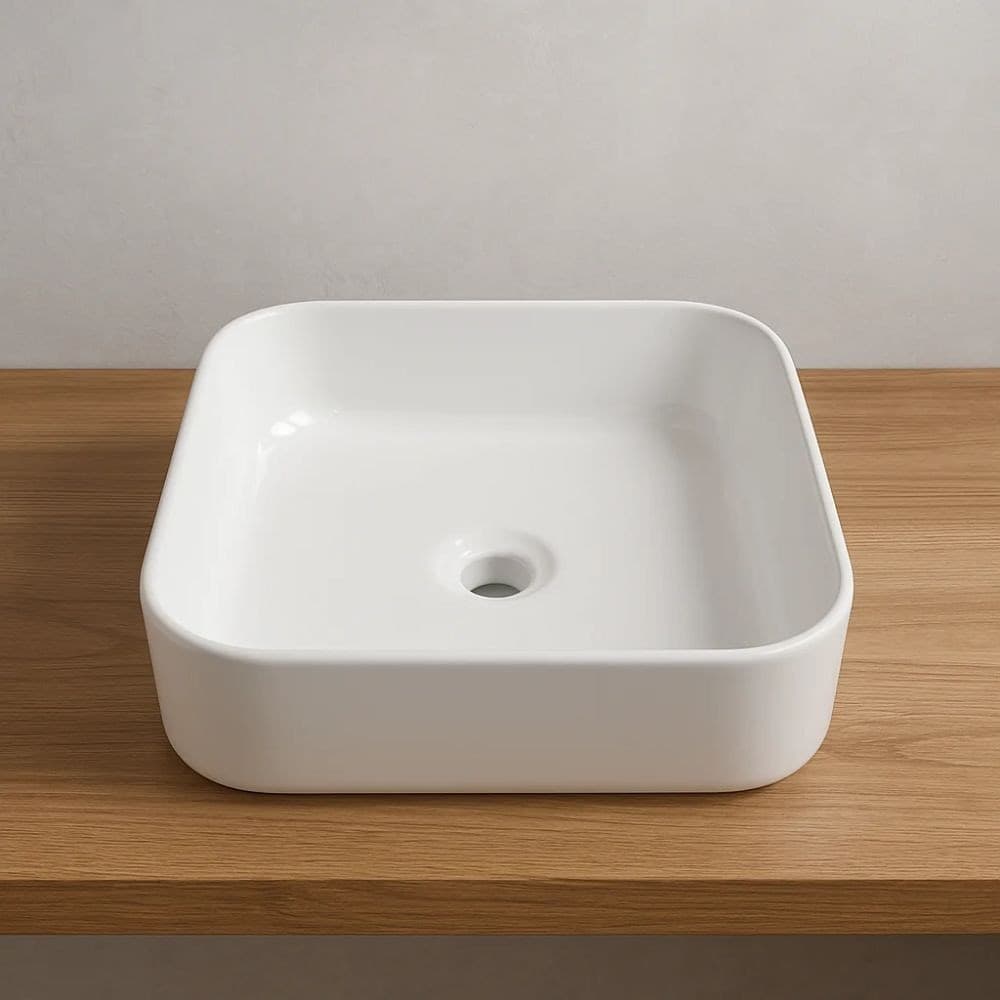 Lavabo D'appoggio Ceramica Bianco Quadrato Lavandino Bagno dimensioni cm 38,5x38,5x14 - 3