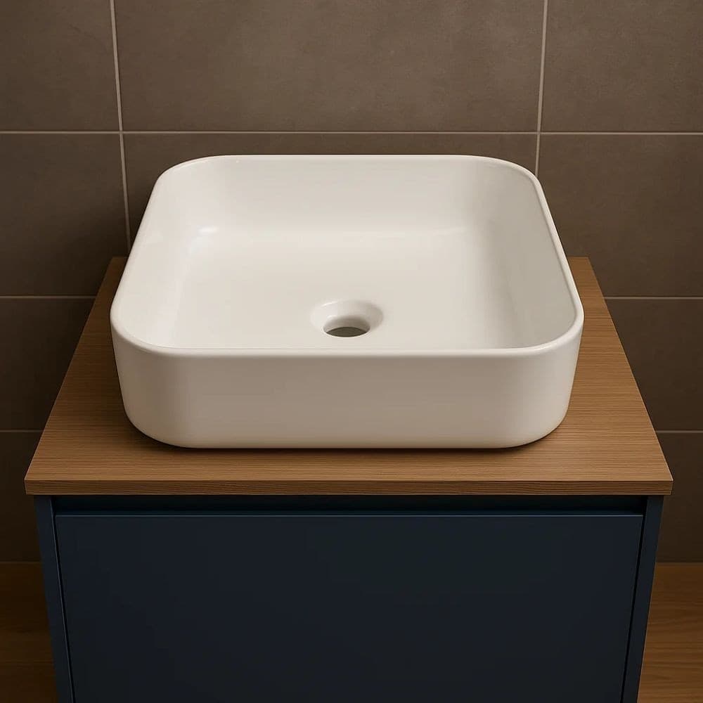 Lavabo D'appoggio Ceramica Bianco Quadrato Lavandino Bagno dimensioni cm 38,5x38,5x14 - 4