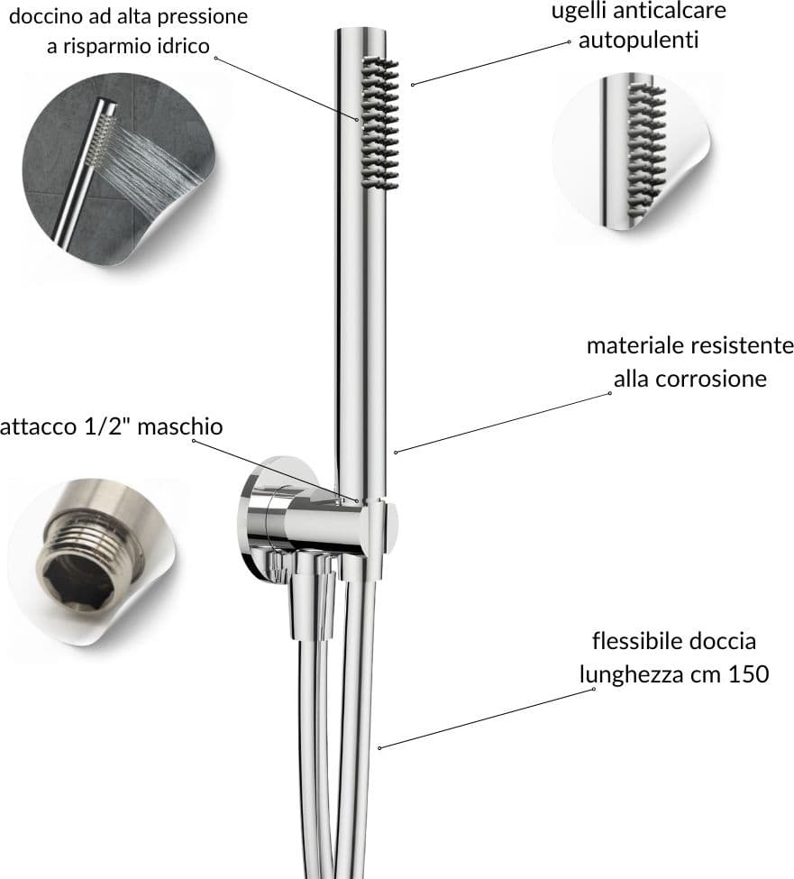 Kit doccia co soffione tondo diametro 20 cm braccio a parete e doccino con flessibile da cm 150 - 17