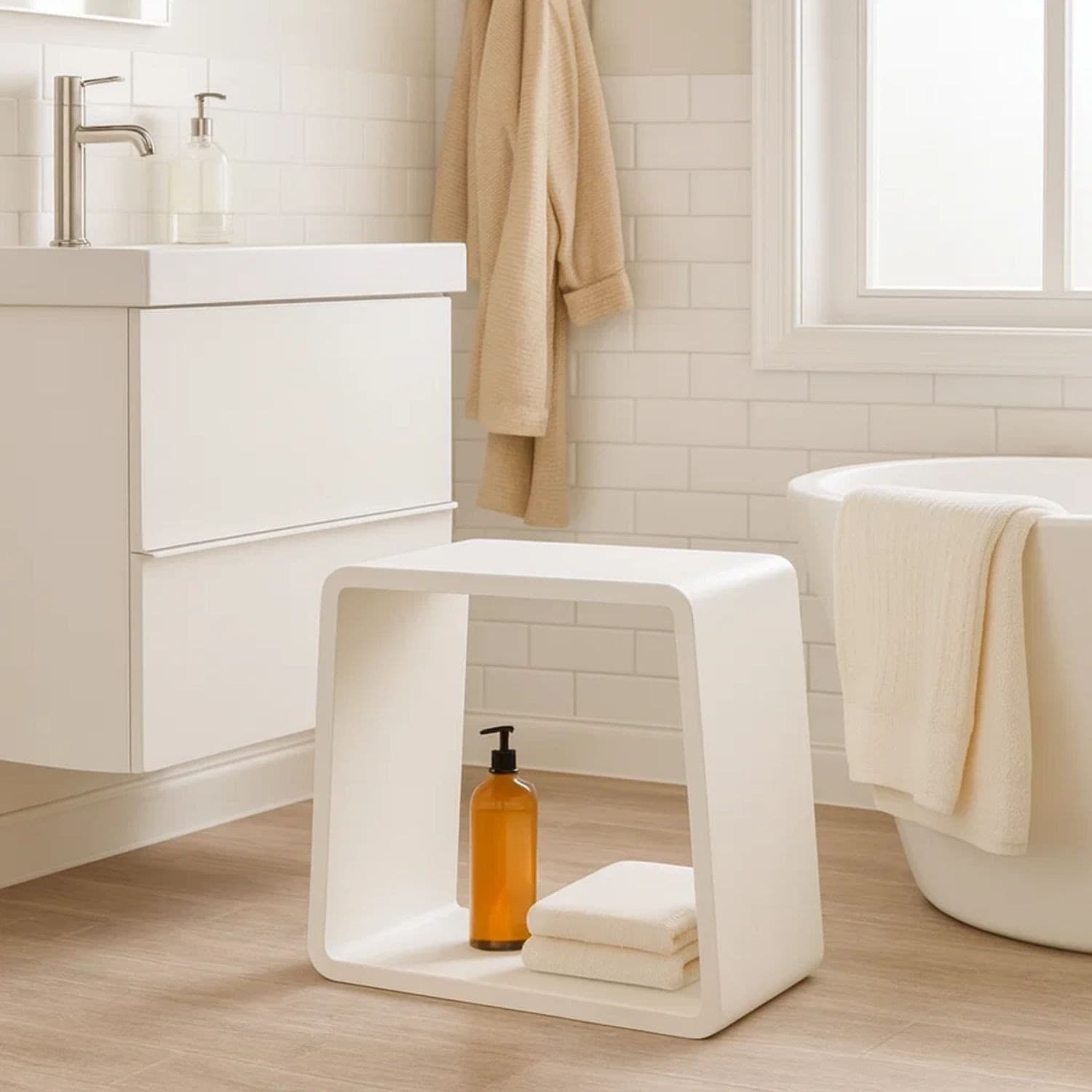 Sgabello da Bagno Silk in Artificial Stone Bianco Opaco Matt Ogomondo - 3