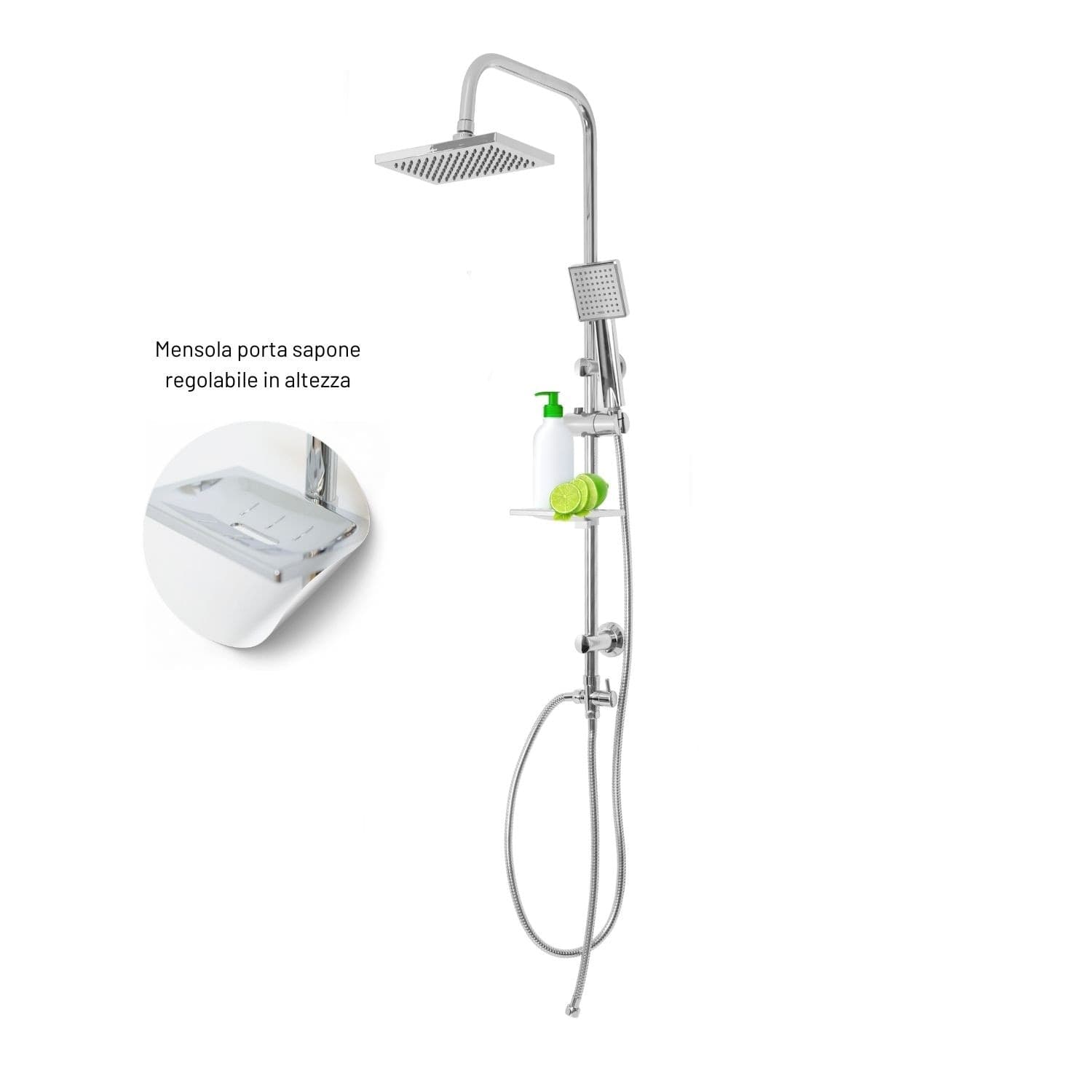Colonna Doccia Attrezzata Luna Ottone Cromato Soffione e Doccetta Quadrati - 4