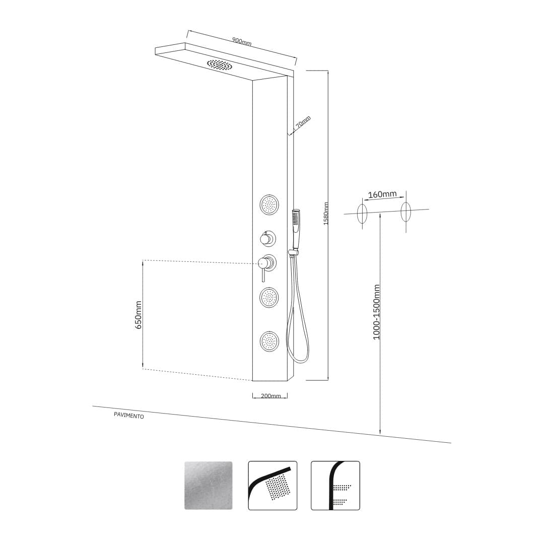 Colonna Doccia  Acciaio Inox Spazzolato Walk-In con Cristallo 3 Funzioni - 2