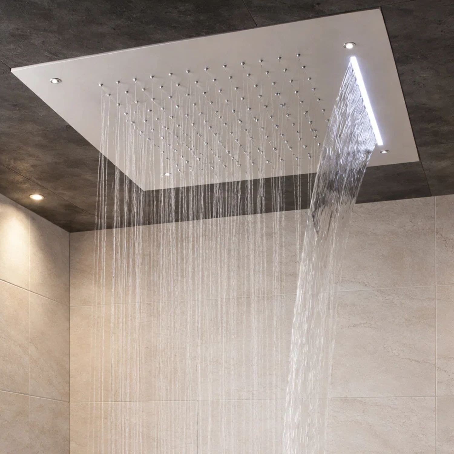 Soffione Doccia LED a Soffitto Installazione Da Incasso Con Cascata Acciaio Inox Quadro - 2