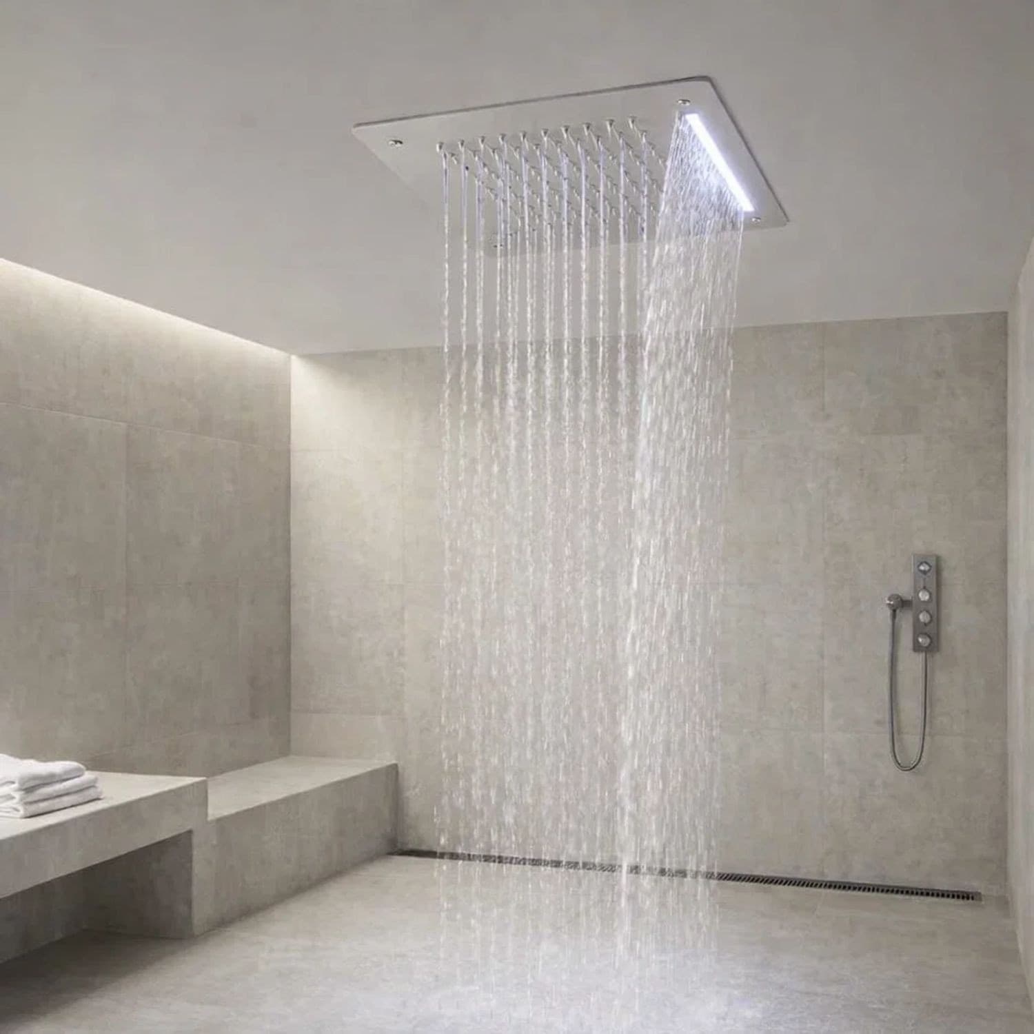 Soffione Doccia LED a Soffitto Installazione Da Incasso Con Cascata Acciaio Inox Quadro - 3