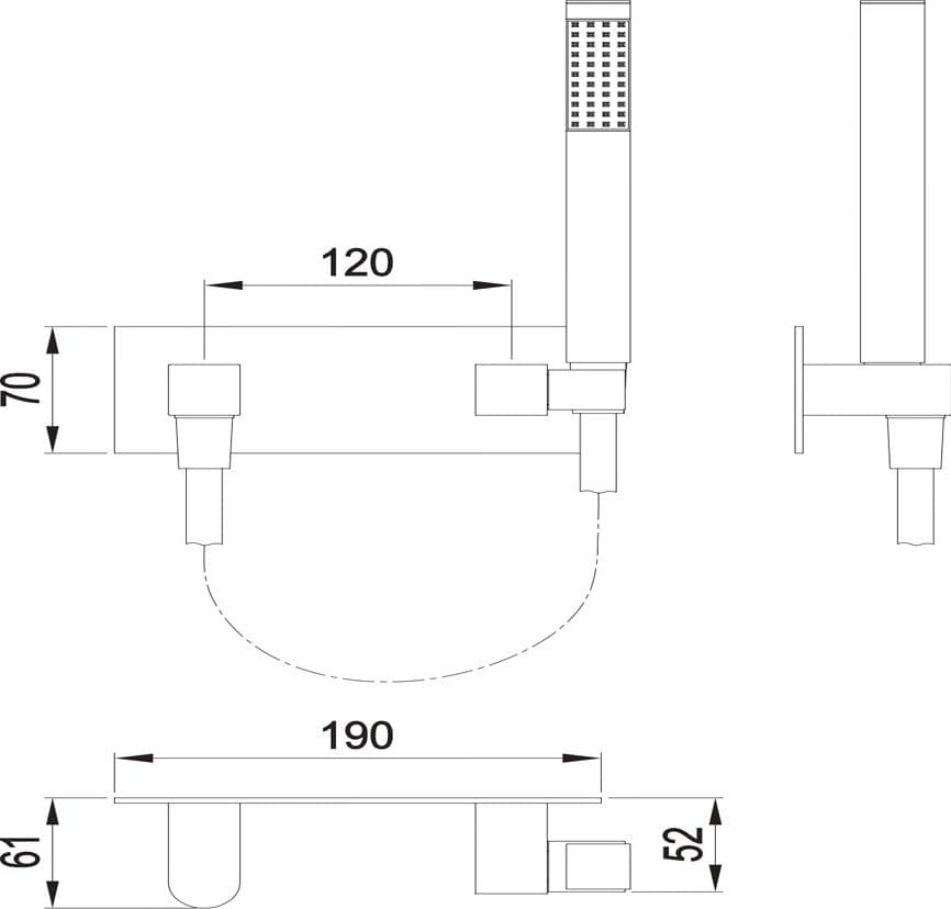 Kit Set Doccia Ottone Cromato Completo di Supporto Presa Acqua Con Flessibile E Doccetta Quadra - 2