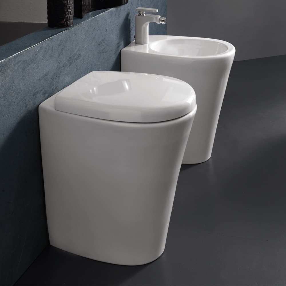 Sanitari in Ceramica A Pavimento Filo Parete Vaso WC + Bidet + Sedile Made in Italy - 3