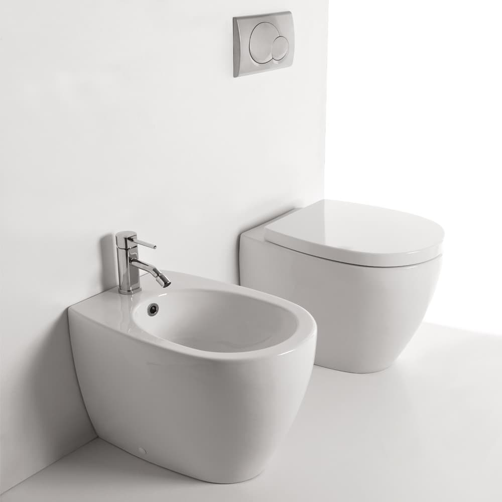 Sanitari in Ceramica A Pavimento Filo Parete Vaso WC + Bidet + Sedile Made in Italy - 3