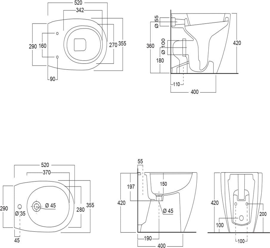 Sanitari in Ceramica A Pavimento Filo Parete Vaso WC + Bidet + Sedile Made in Italy - 2
