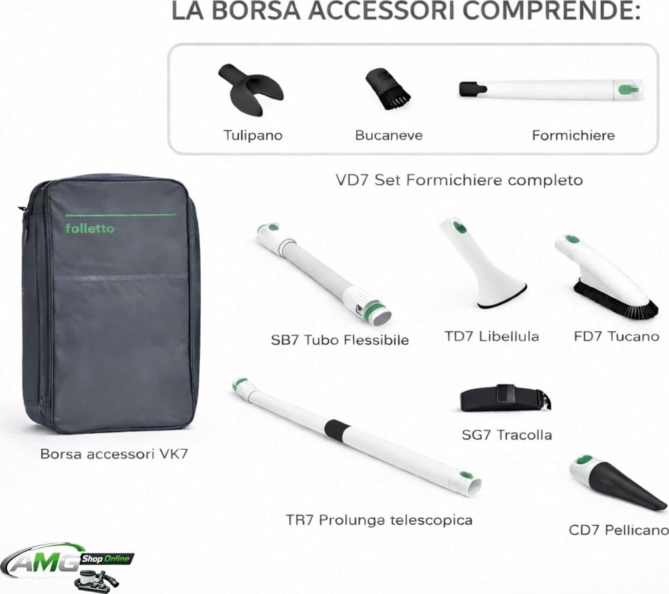 Aspirapolvere Senza Fili Folletto VK7s Bianco con EB7s + HD7s + SP7s + PB7s + 2 Batterie e 1 Caricatore + 6 Sacchetti con Dovina ORIGINALI + Borsa Accessori con Vari Tubi - 7