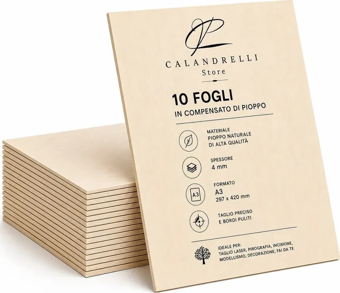 10 Fogli Compensato di Pioppo Sp. 4 mm – Pannelli in Legno per Taglio Laser, Pirografia, Incisione, Modellismo e Fai da Te - 2