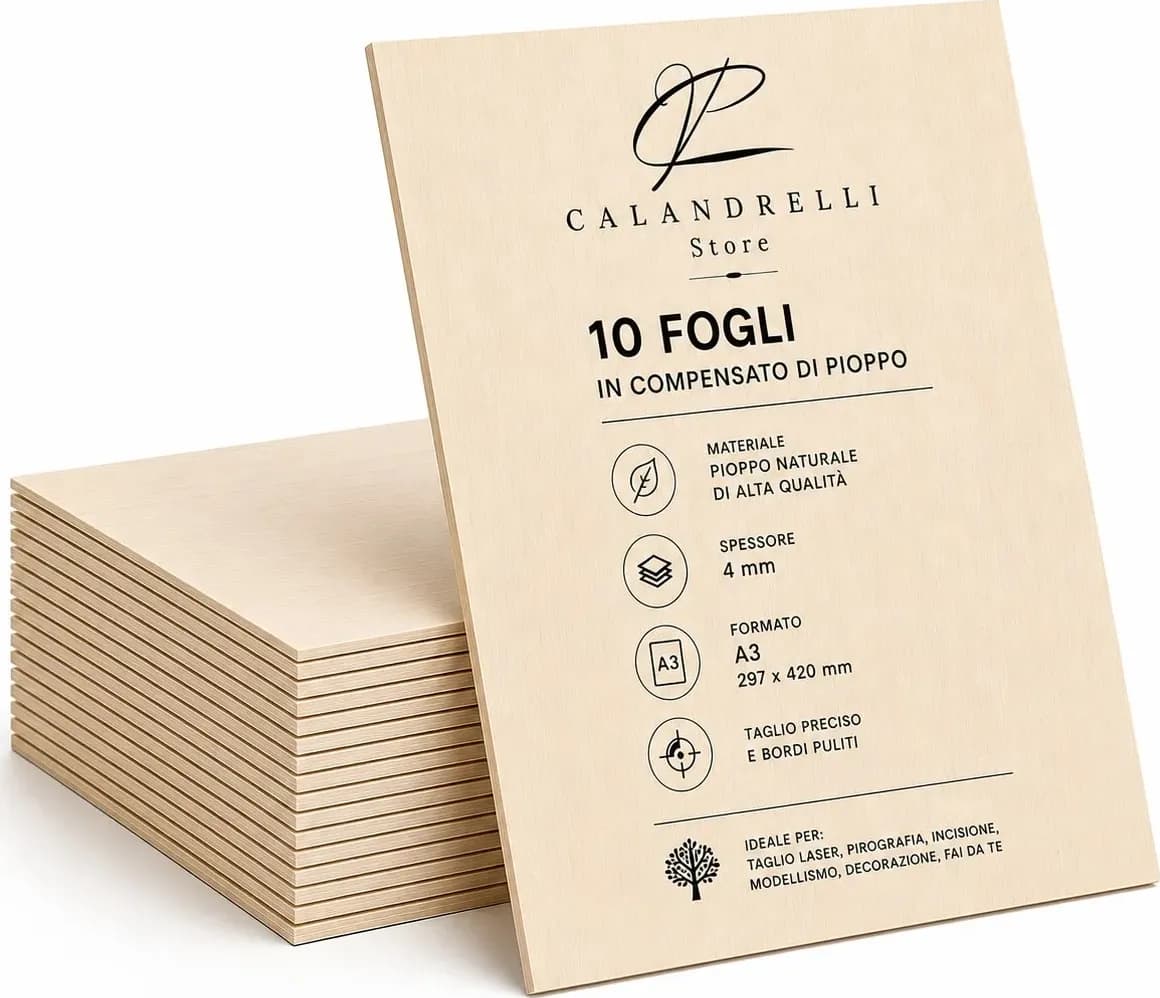 10 Fogli Compensato di Pioppo Sp. 4 mm – Pannelli in Legno per Taglio Laser, Pirografia, Incisione, Modellismo e Fai da Te - 2
