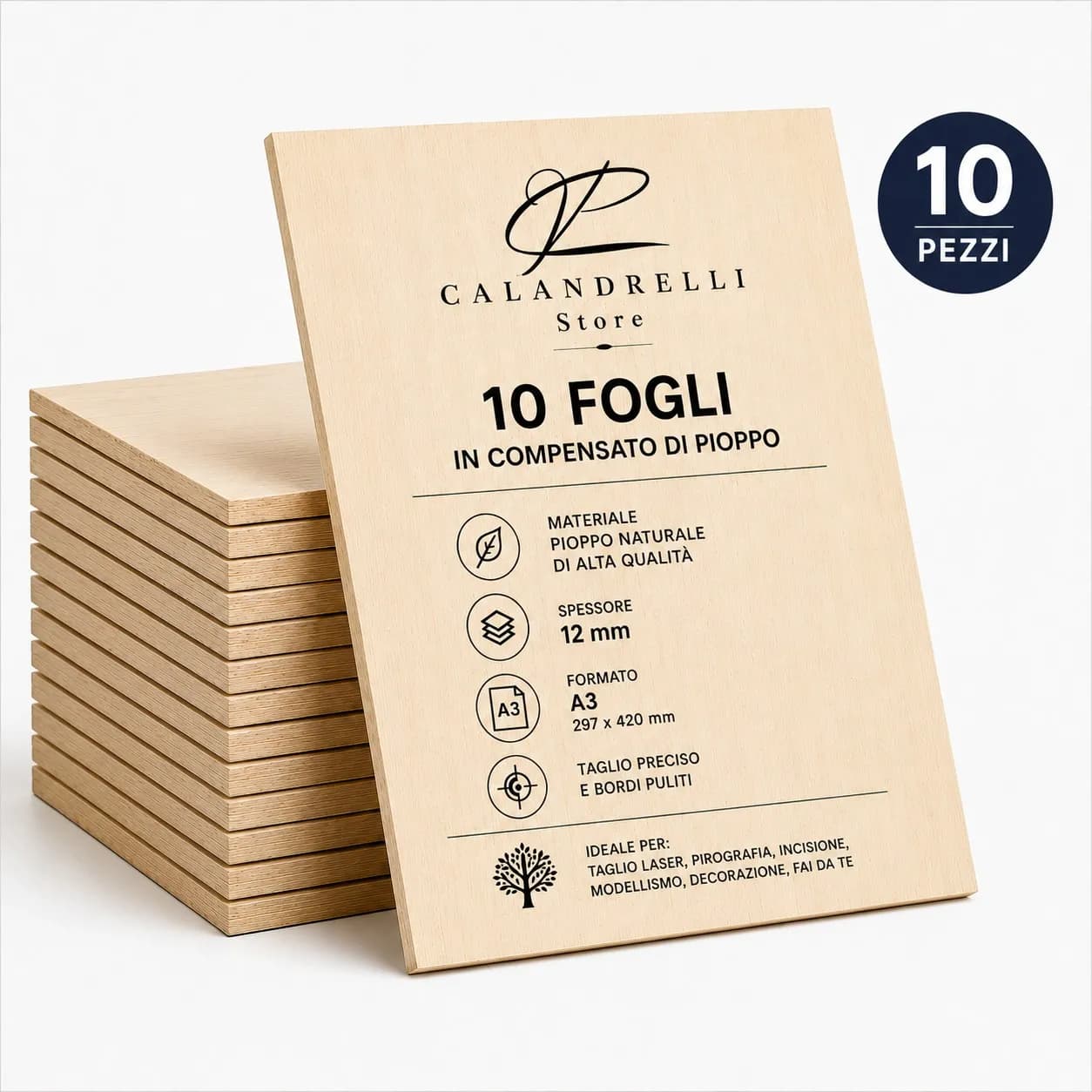 10 Fogli Compensato di Pioppo Sp. 12 mm – Pannelli in Legno per Taglio Laser, Pirografia, Incisione, Modellismo e Fai - 2
